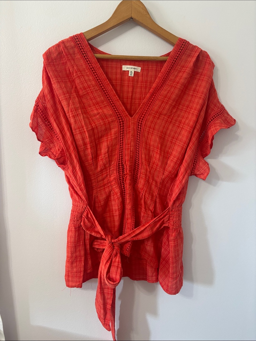 Max Studio Red Tie-Waist V-Neck Blouse
